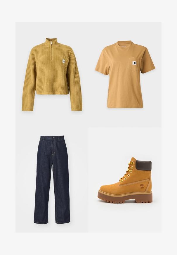 Mosterdgele geribde gebreide trui met lange mouwen, kwart rits en kleine borstzak met Carhartt-logo.; Effen bruine T-shirt met korte mouwen en een borstzakje met een vierkante merklogo-patch, getoond op een effen lichte achtergrond.; Donkerblauwe rechtlopende denim jeans met riemlussen, voorknop en zijzakken op een witte achtergrond.; Tan waterdichte enkelboot met een stevige rubberen zool, ronde neus, bruine leren kraag, gele veters en een logo aan de zijkant.