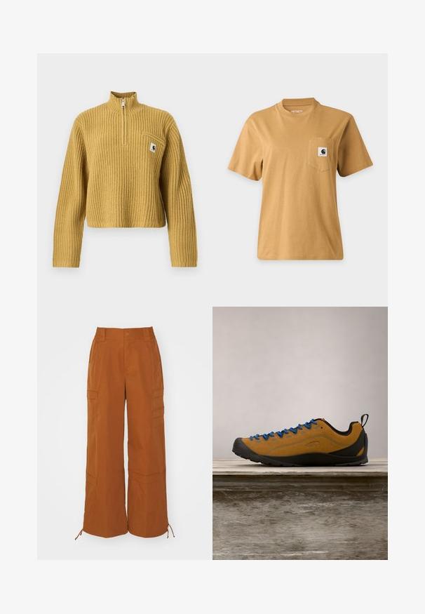 Pull en maille côtelée jaune moutarde avec manches longues, fermeture éclair quart de zip et petite poche poitrine avec patch logo Carhartt.; T-shirt marron uni à manches courtes avec une poche poitrine présentant un patch carré avec le logo de la marque, affiché sur un fond clair uni.; Pantalons cargo marron à coupe décontractée, dotés de plusieurs poches et d'ourlets ajustables. Fabriqués dans un tissu durable et lisse.; Chaussure d'extérieur en suède marron avec des lacets bleus, semelle en caoutchouc noir et un design épuré. Équipée d'une languette à l'arrière pour un enfilage facile.
