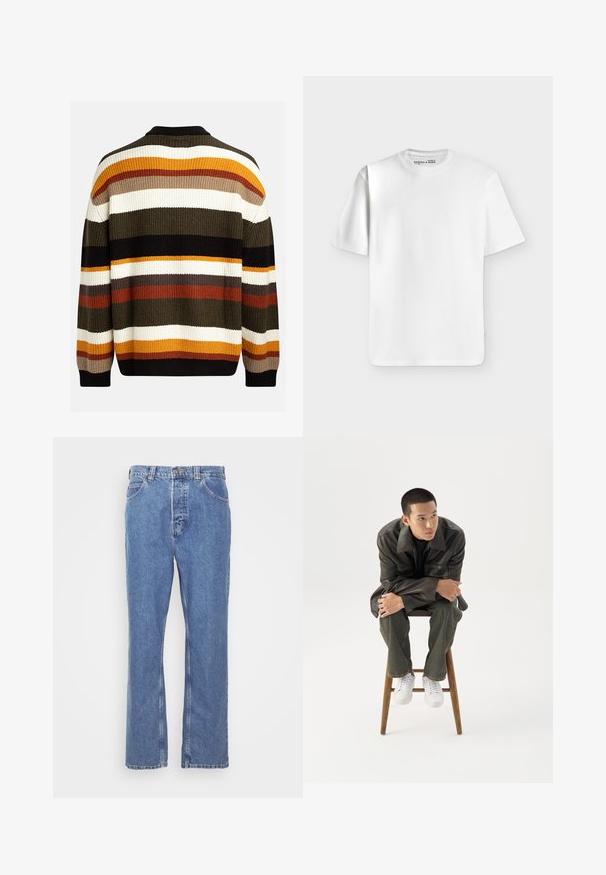 Gebreide trui met een ronde hals, voorzien van horizontale strepen in olijfgroen, crème, roestoranje, bruin en zwart. Textuur, oversized pasvorm.; Effen wit T-shirt met korte mouwen en een ronde hals, plat liggend op een lichtgrijze achtergrond met een klein merkje aan de binnenkant van de halslijn.; Blauwe denim jeans met een rechte pasvorm, vijf zakken, riemlussen en een knoopsluiting. De stof heeft een zachte, gestructureerde afwerking.; Jonge man in een donkere leren jas en spijkerbroek zit op een houten kruk, leunt naar voren met gekruiste armen en kijkt naar de zijkant tegen een witte achtergrond.
