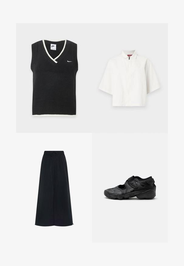 Čierna pletená vesta bez rukávov s bielym lemom na výstrihu do V a na spodnom leme, s malým bielym logom Nike Swoosh na hrudi.; Biela bunda s krátkym rukávom, so zipsom vpredu a malým golierom, zobrazená na rovine na jednofarebnom pozadí.; Čierne široké nohavice s elastickým pásom a nastaviteľnou šnúrkou. Vyrobené z ľahkej tkaniny s hladkou textúrou. Bez viditeľných vzorov.; Čierna športová sandála s uzavretou špičkou, suchými zipsami na priehlavku a päte a hrubou vystlanou podrážkou označenou "AIR" na boku.