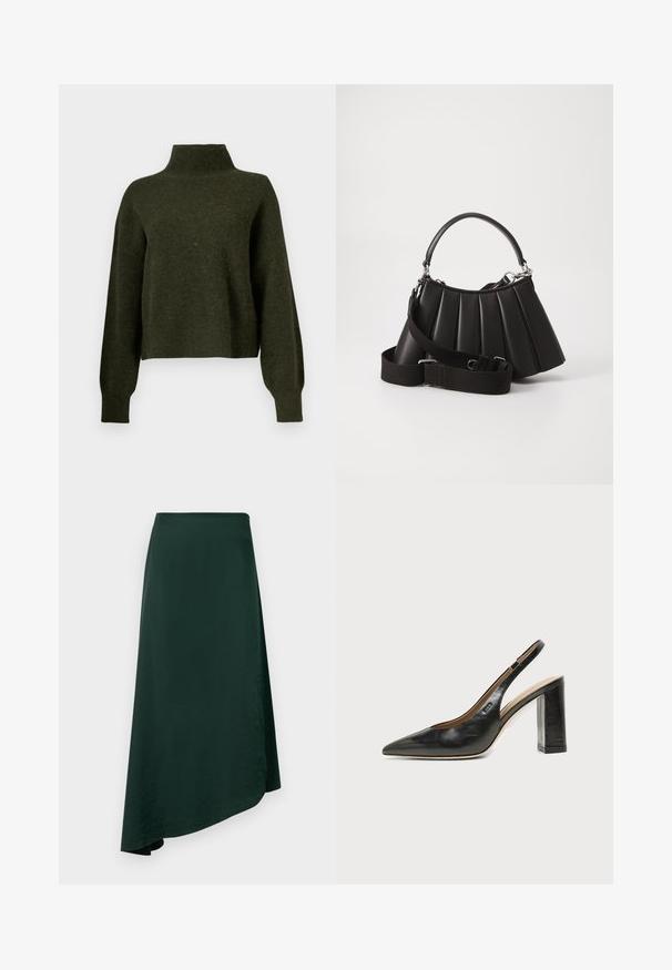 Olijfgroene, cropped trui met een hoge hals en lange, losse mouwen. Gemaakt van een zachte stof met een licht fuzzy textuur.; Donkergroene wikkelrok van gladde stof, met een asymmetrische zoom en een naadloze tailleband voor een strakke uitstraling.; Zwarte leren slingback schoen met spits toelopend neusje, hoge blokhak en beige binnenvoering tegen een effen lichte achtergrond.; Zwarte geplooide handtas met een ronde handgreep, verstelbare schouderriem en glanzende textuur. Heeft zilveren hardware en een gestructureerde silhoutte.
