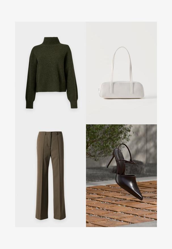 Suéter corto de color verde oliva con cuello alto y mangas largas y sueltas. Está hecho de un material suave con una textura ligeramente peluda.; Pantalones marrones a medida con un corte recto, frente plisado y cinturilla clásica. Fabricados en un tejido suave con un acabado refinado.; Zueco negro brillante de tacón alto con puntera puntiaguda y correa en el tobillo, suspendido sobre una superficie de baldosas de terracota con espacios de grava.; Bolso de hombro rectangular blanco con correas largas y delgadas, costuras mínimas y cierre de cremallera sobre un fondo liso.
