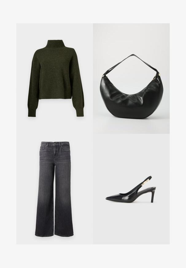 Olivengrøn, cropped sweater med høj hals og lange, løse ærmer. Fremstillet af blødt materiale med en let fuzzy tekstur.; Bredde ben mørkegrå denimjeans med en subtil falmning, der har knaplukning, fem lommer og en lige kant ved anklen.; Sort læder slingback højhælede sko med spidse tæer, glat overflade og en smal ankelrem med guldfarvede hardware detaljer.; Sort læder skuldertaske med en buet form, blød tekstur og en enkelt rem; har en guldbeslået lynlås og diskret branding.