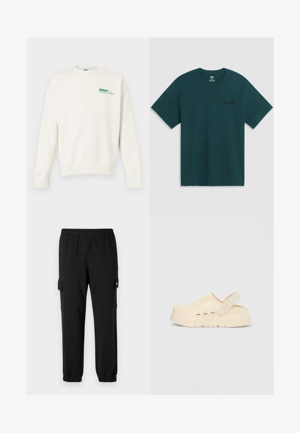 Sudadera crema con cuello redondo hecha de algodón, con un logo verde de "obey studios" en el pecho. Costuras planas y puños acanalados.; Camiseta Levi's de manga corta de color verde oscuro con cuello redondo y pequeño logo negro de Levi's en el pecho izquierdo.; Pantalones de chándal negros con cintura elástica, puños ajustados y bolsillos laterales tipo cargo. Fabricados con material suave y textura lisa.; Zapato beige sin cordones hecho de material suave, con puntera redondeada, parte superior texturizada y una correa trasera para un ajuste seguro. Suela gruesa con ranuras.