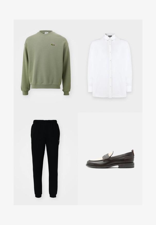 Olivgrüner Sweater mit Rundhalsausschnitt, gerippten Bündchen und Saum. Ausgestattet mit einem gestickten Krokodil-Logo auf der linken Brust. Weicher, strukturierter Stoff.; Weißes Langarm-Hemd mit Knopfleiste und klassischem Kragen, in gerader Schnittführung und subtiler Textur, mit Perlenknöpfen auf der Vorderseite.; Schwarze Jogginghose mit elastischem Bund und Bündchen. Aus weichem Stoff gefertigt, mit einem kleinen Logo auf der oberen linken Seite.; Dunkelbrauner Herrenschuh aus Leder mit cremefarbenem Stoffpaneel und klassischem, genähtem Riemendetail, flacher Sohle und Zuglasche an der Ferse.
