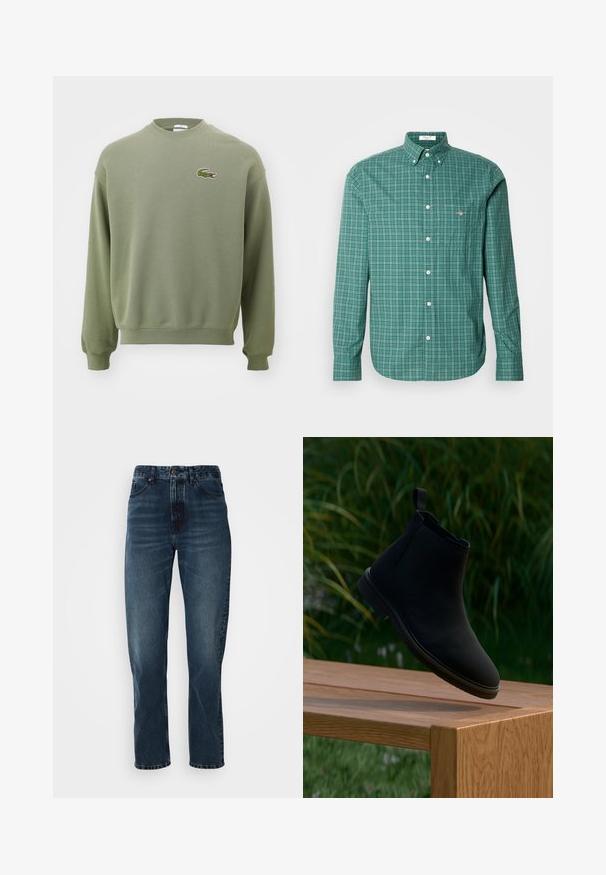Olijfgroene sweatshirt met een ronde hals, ribgebreide manchetten en zoom. Heeft een geborduurd krokodillenlogo op de linkerborst. Zacht, gestructureerd materiaal.; Groen geruit overhemd met knopen en lange mouwen, voorzien van een kraag, witte knopen en een klein logo op de borst. Gemaakt van katoen.; Donkerblauwe recht gesneden jeans met een sluiting met knoop en rits aan de voorkant, vijf-pocket ontwerp en subtiele vervaging op de dijen en knieën.; Zwarte Chelsea-laars van glad leer, met een trekkoord, ronde neus, elastische zijpanelen en een lage hak. Getoond op een houten oppervlak.