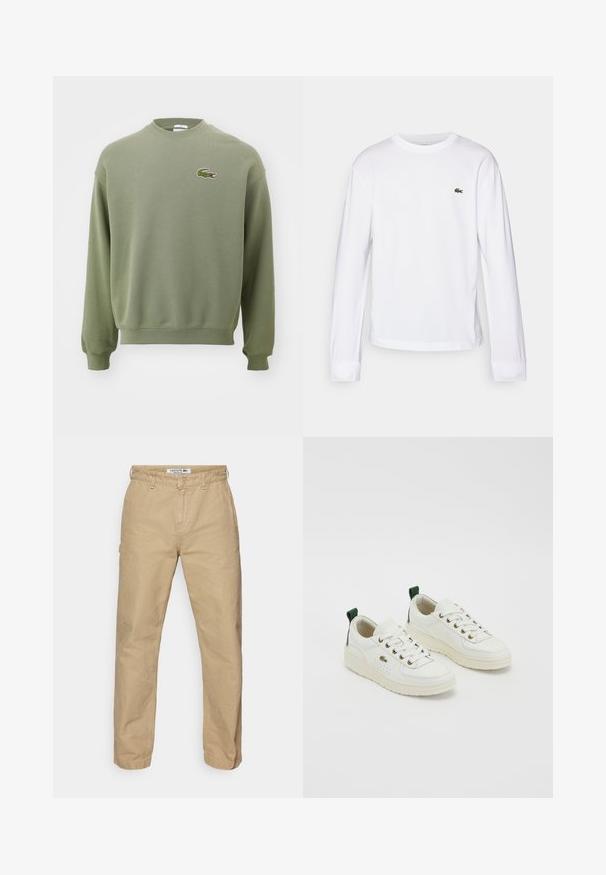 Olivengrøn sweatshirt med rund hals, ribbede manchetter og kant. Funktioner broderet krokodillelogo på venstre bryst. Blødt, struktureret stof.; Hvid langærmet T-shirt lavet af bomuld. Har en ribbet rund halsudskæring og et lille grønt broderet logo på brystet. Simpelt design.; Beige, lette bomuldsbukser med lige ben-design, der har en knaplukning og en subtil tekstur. Lacoste-logo på taljen.; Hvide lædersneakers med grønne accenter, snørebåndsdesign, gyldne øjer og teksturerede paneler. Tykk, cremefarvet gummisål.