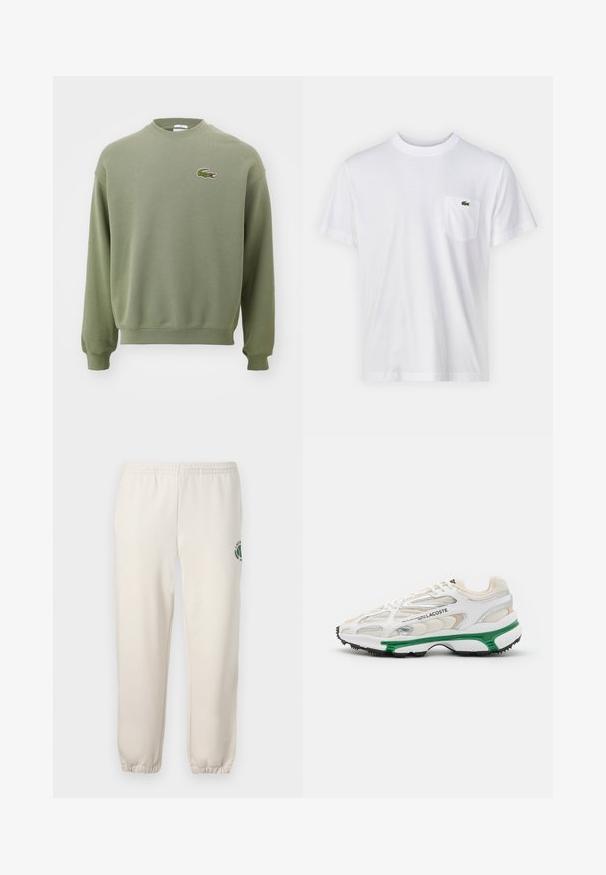 Sweat-shirt vert olive avec un col ras du cou, des poignets et un ourlet côtelés. Présente un logo de crocodile brodé sur la poitrine gauche. Tissu doux et texturé.; T-shirt en coton blanc avec un col rond et des manches courtes. Il présente une poche sur la poitrine gauche et un petit logo Lacoste vert.; Pantalon de jogging beige clair en coton, doté d'une taille élastique, de poignets en côtes et d'un logo vert avec un design de feuille sur la jambe gauche.; Sneaker blanc avec accents verts et semelle en caoutchouc noir. Comprend des panneaux en mesh et en synthétique, avec une finition texturée et des coutures visibles.