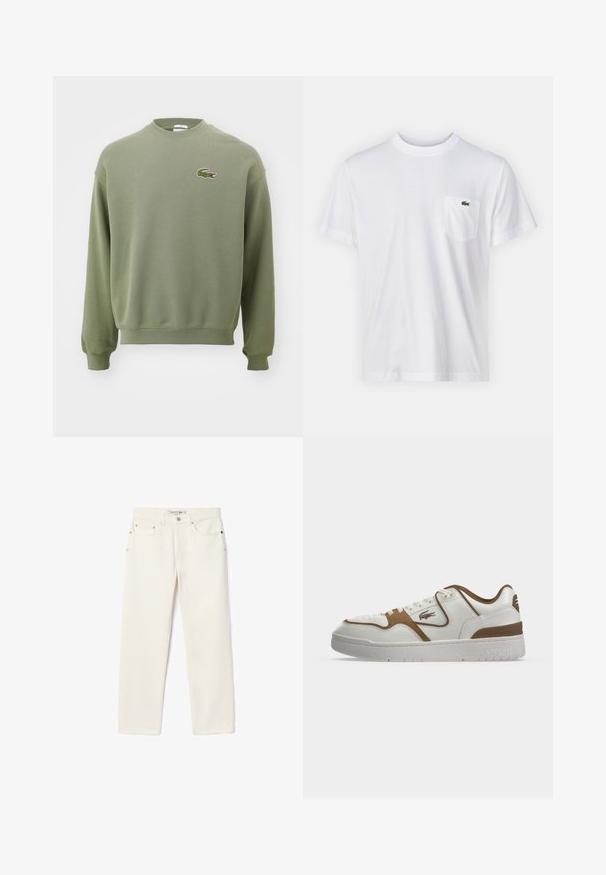 Olivengrøn sweatshirt med rund hals, ribbede manchetter og kant. Funktioner broderet krokodillelogo på venstre bryst. Blødt, struktureret stof.; Hvid bomulds T-shirt med rund halsudskæring og korte ærmer. Har en lomme på venstre bryst og et lille grønt Lacoste-logo.; Cremefarvede denimjeans med lige ben, der har to forlommer, en knaplukning og diskret branding nær taljen.; Hvid og brun lavtop sneaker med snørebånd foran, Lacoste krokodillelogo på siden og tyk hvid sål med indpræget mærkenavn.