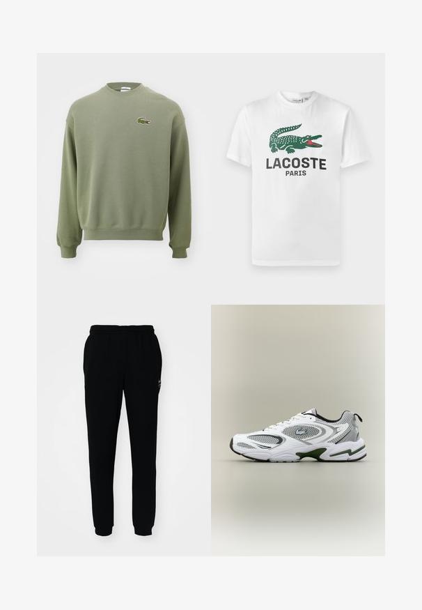 Olivgrüner Sweater mit Rundhalsausschnitt, gerippten Bündchen und Saum. Ausgestattet mit einem gestickten Krokodil-Logo auf der linken Brust. Weicher, strukturierter Stoff.; Lacoste T-Shirt print - white; Schwarze Jogginghose mit elastischem Bund und Bündchen. Aus weichem Stoff gefertigt, mit einem kleinen Logo auf der oberen linken Seite.; Weiße und graue sportliche Laufschuhe mit Netzeinsätzen, grünen Akzenten, schwarzen Details und einem Logo an der Seite, von der Außenseite gezeigt.