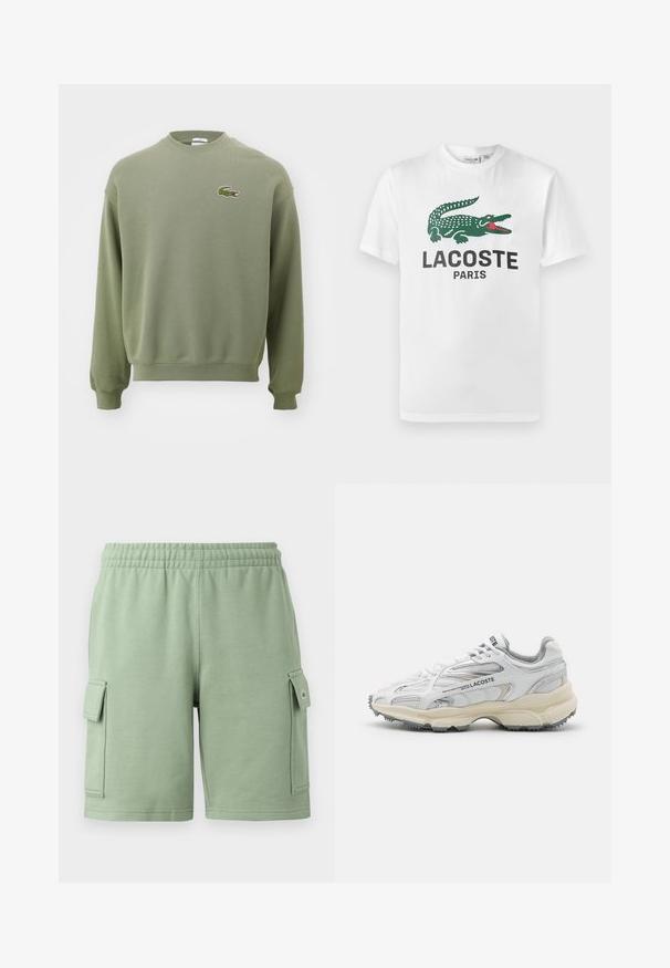 Olivengrøn sweatshirt med rund hals, ribbede manchetter og kant. Funktioner broderet krokodillelogo på venstre bryst. Blødt, struktureret stof.; Lacoste T-shirts print - white; Grønne bomuldsshorts med elastisk talje, to sidelommer med klap og et lille logo på venstre lomme.; Hvide sportssko med grå detaljer, overdel i mesh og syntetiske materialer, snørebåndsdesign og tekstureret gummisål med grebemønstre.