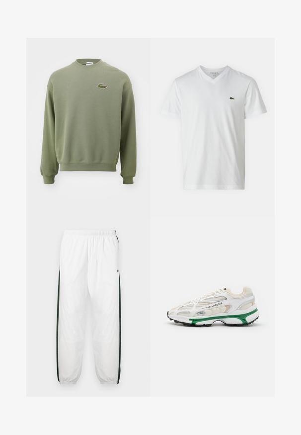 Sweat-shirt vert olive avec un col ras du cou, des poignets et un ourlet côtelés. Présente un logo de crocodile brodé sur la poitrine gauche. Tissu doux et texturé.; T-shirt en coton blanc avec un col en V, des manches courtes et un petit logo de crocodile vert sur la poitrine gauche. Design simple et léger.; Pantalons de sport blancs avec des panneaux latéraux vert foncé. Tissu léger, taille élastique et ourlets côtelés. Présente une texture en maille sur les panneaux latéraux.; Sneaker blanc avec accents verts et semelle en caoutchouc noir. Comprend des panneaux en mesh et en synthétique, avec une finition texturée et des coutures visibles.