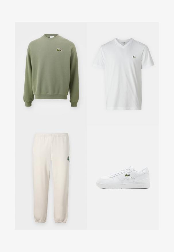 Olivgrüner Sweater mit Rundhalsausschnitt, gerippten Bündchen und Saum. Ausgestattet mit einem gestickten Krokodil-Logo auf der linken Brust. Weicher, strukturierter Stoff.; Weißes Baumwoll-T-Shirt mit V-Ausschnitt, kurzen Ärmeln und kleinem grünen Krokodil-Logo auf der linken Brust. Einfaches und leichtes Design.; Helle beige Sweatpants aus Baumwolle mit einem elastischen Bund, gerippten Bündchen und einem grünen Logo mit Blattdesign am linken Bein.; Weiße Leder-Sneaker mit perforierten Akzenten, flachen Schnürsenkeln und einem kleinen grünen Logo an der Seite. Gummisohle und gepolsterter Kragen für Komfort.