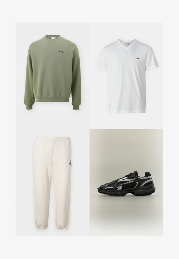 Olijfgroene sweatshirt met een ronde hals, ribgebreide manchetten en zoom. Heeft een geborduurd krokodillenlogo op de linkerborst. Zacht, gestructureerd materiaal.; Witte katoenen t-shirt met een V-hals, korte mouwen en een klein groen krokodillenlogo op de linkerkant van de borst. Eenvoudig en lichtgewicht ontwerp.; Lichtbeige sweatpants van katoen, met een elastische tailleband, geribde boorden en een groen logo met een bladerenontwerp op het linkerpand.; Zwarte en zilveren Lacoste-sneaker met een bovenwerk van mesh en synthetisch materiaal, ronde neus, gestructureerde zool en merkdetails aan de zijkant op een neutrale achtergrond.