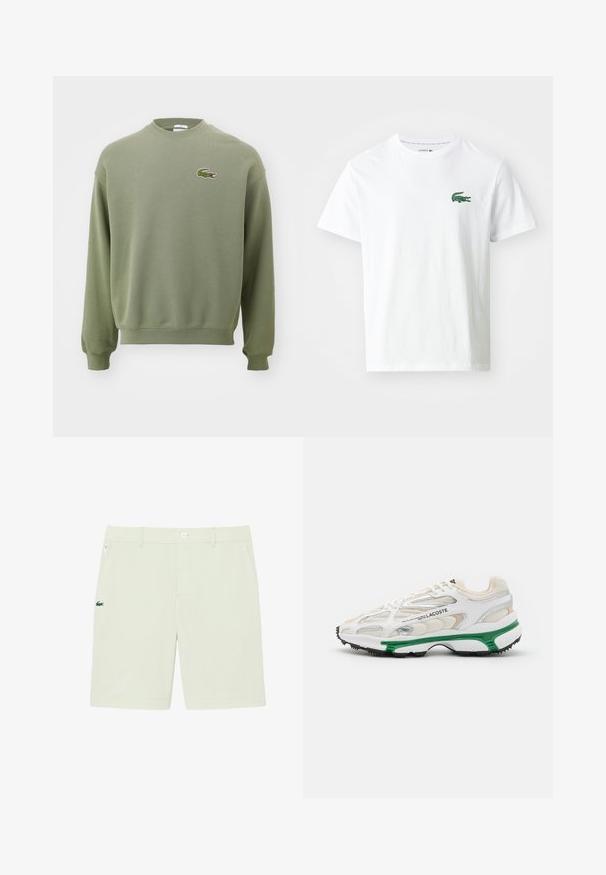 Olijfgroene sweatshirt met een ronde hals, ribgebreide manchetten en zoom. Heeft een geborduurd krokodillenlogo op de linkerborst. Zacht, gestructureerd materiaal.; Lacoste T-shirt print - white/green; Lichte groene en witte heren korte broek met verticale strepen, knoopsluiting, riemlussen, zijritszak en klein geborduurd krokodillenlogo op het linkerbeen.; Witte sneaker met groene accenten en zwarte rubberen zool. Bevat mesh en synthetische panelen, met een textuurafwerking en zichtbare stiksels.