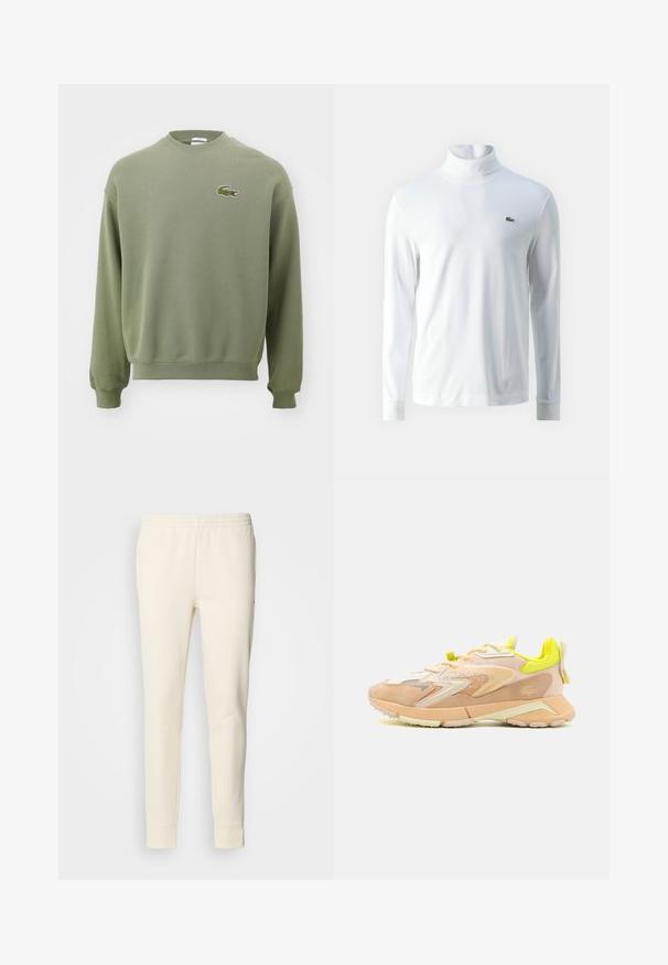 Sudadera verde oliva con cuello redondo, puños y dobladillo acanalados. Presenta un logo de cocodrilo bordado en el lado izquierdo del pecho. Tejido suave y texturizado.; Camisa de cuello alto de manga larga blanca hecha de tela suave, con un pequeño logo bordado verde en el pecho y puños ajustados.; Pantalones de chándal color crema, hechos de una tela suave, con una cinturilla elástica, piernas ajustadas y tobillos ceñidos. Diseño simple sin patrones.; Zapatillas con un upper de malla ligero en tonos durazno y crema, con acentos en amarillo neón, ante texturizado y una suela acolchada.