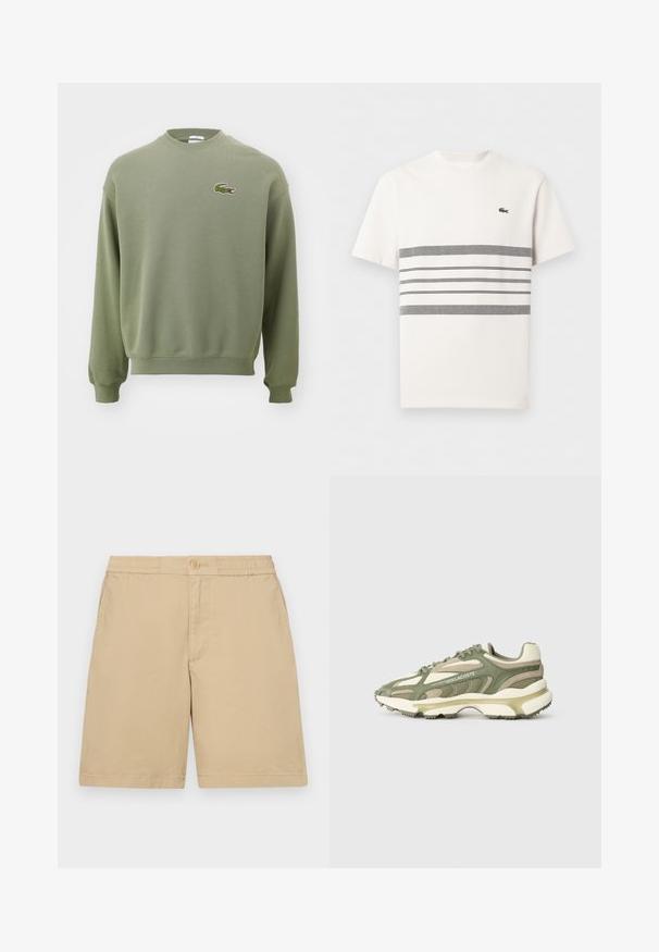 Sudadera verde oliva con cuello redondo, puños y dobladillo acanalados. Presenta un logo de cocodrilo bordado en el lado izquierdo del pecho. Tejido suave y texturizado.; Camiseta blanca de manga corta con franjas horizontales grises en el pecho y un pequeño logo de cocodrilo verde en el lado izquierdo.; Pantalones cortos de algodón beige con un ajuste regular, cinturilla elástica, cierre de botón y bolsillos laterales. Textura suave, diseño hasta la rodilla.; Zapatillas deportivas verdes y beige con parte superior de malla y ante, entresuela texturizada, sistema de cordones visible y detalle de logotipo en relieve.