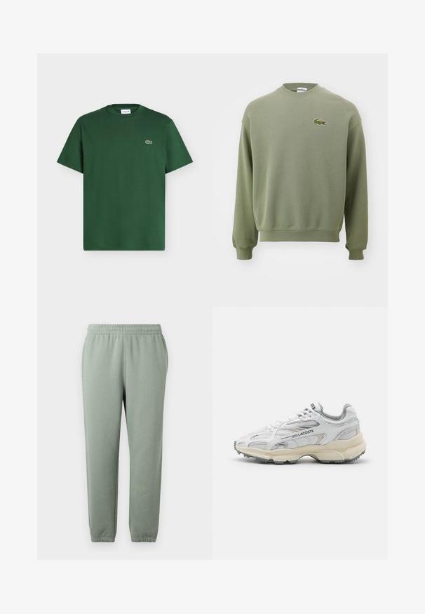 Olivgrüner Sweater mit Rundhalsausschnitt, gerippten Bündchen und Saum. Ausgestattet mit einem gestickten Krokodil-Logo auf der linken Brust. Weicher, strukturierter Stoff.; Dunkelgrünes Baumwoll-T-Shirt mit kurzen Ärmeln, Rundhalsausschnitt und kleinem Lacoste Krokodil-Logo auf der linken Brust.; Hellgrüne Sweatpants mit elastischem Bund, schmal zulaufenden Beinen und umgenähten Knöcheln. Hergestellt aus weichem, leichtem Stoff.; Weiße Sportschuhe mit grauen Akzenten, Obermaterial aus Mesh und Synthetik, Schnürdesign und rutschfester Gummisohle mit Strukturmustern.