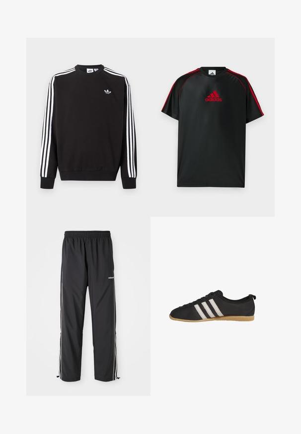 Zwarte Adidas trui met witte drie strepen op de mouwen en klein wit klaverbladlogo op de linkerborst.; Zwart atletisch T-shirt met rode accenten en logo. Gemaakt van een glad, lichtgewicht stof. Heeft een ronde hals en korte mouwen.; Zwarte sportieve broek van lichtgewicht stof, met witte zijstrepen, een elastische tailleband en verstelbare enkelmanchetten.; Zwarte lage sneaker met witte strepen en bruine rubberen zool, zijaanzicht op een witte achtergrond.