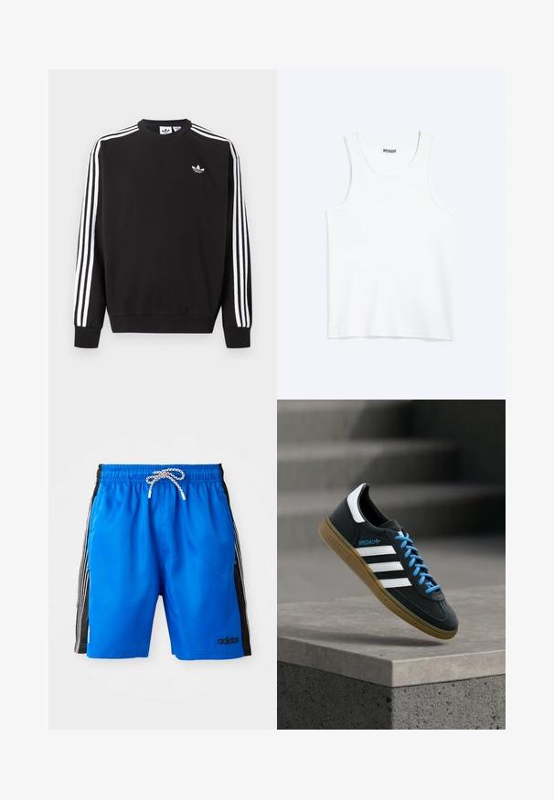 Zwarte Adidas trui met witte drie strepen op de mouwen en klein wit klaverbladlogo op de linkerborst.; Wit mouwloos hemdje met ronde hals en Weekday-merklabel aan de binnenkant van de achterkraag, plat weergegeven op een lichte achtergrond.; Blauwe zwemboxers met een elastische tailleband, witte trekkoord en zwarte zijpanelen met drie witte strepen en een Adidas-logo.; Zwarte Adidas-sneaker met witte strepen, blauwe veters en een gumzool die boven een grijze betonnen trede zweeft in zacht licht.