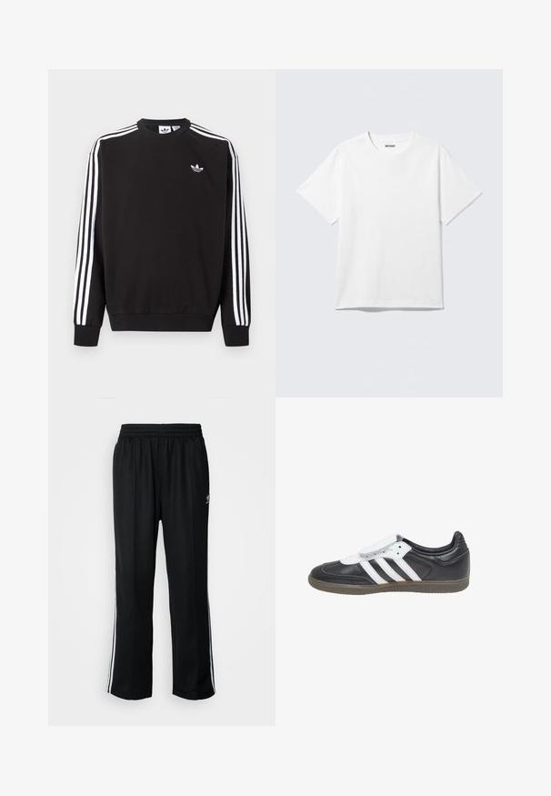 Čierna mikina Adidas s bielymi tromi pásikmi na rukávoch a malým bielym logom trojlístka na ľavej strane hrudníka.; Biely krátky rukáv tričko s okrúhlym výstrihom, na rovine, jednoduchý dizajn, so štítkom "WEEKDAY" vo vnútri goliera na svetlom pozadí.; Čierne športové nohavice s elastickým pásom, s bielymi bočnými prúžkami a malým logom. Materiál vyzerá byť mäkký a ľahký.; adidas Originals SAMBA LT - Tenisky - core black footwear white gum