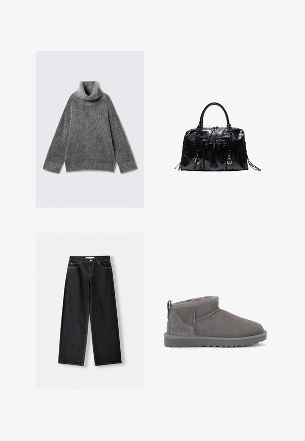 Grå turtleneck sweater lavet af blødt, fuzzy strikkemateriale. Har lange ærmer, løs pasform og en bred, foldet krave.; Sorte vidde bukser i denim med forlommer og sølvfarvet knaplukning, lagt fladt på en lysegrå baggrund.; Grå ruskinds ankelstøvler med en blød indersål, minimal syning og en formstøbt gummisål. Har en løkke bagpå.; Sort blank læderhåndtaske med to håndtag, frontlynlåslomme, dekorative remme og sølvfarvet metalbeslag.
