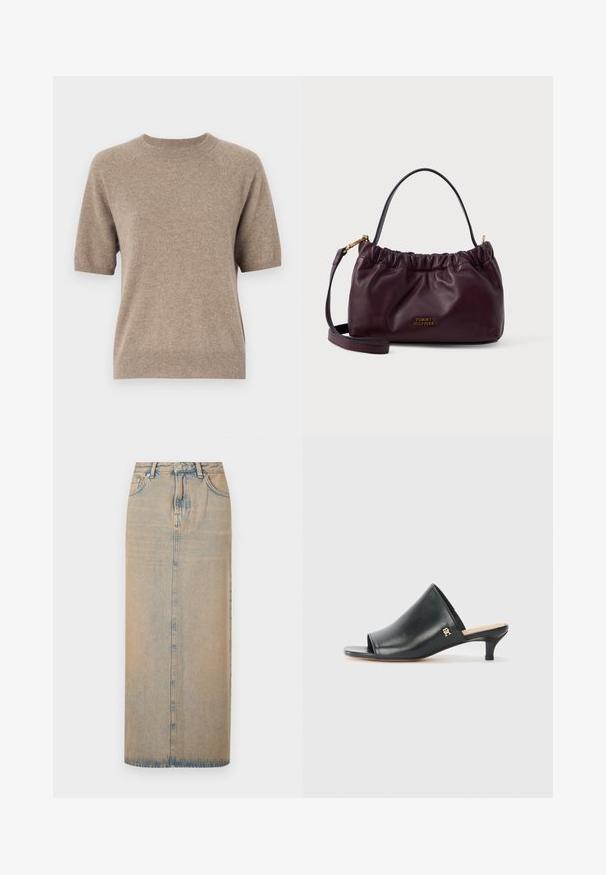 Kortærmet sweater i lys beige, lavet af et blødt, tekstureret stof. Har en rund halsudskæring samt ribbenede manchetter og kant. Casual design.; En lang denimnederdel i lyseblå med lige snit. Har fem lommer, bæltestropper og knaplukning foran. Fadede tekstur over det hele.; Sorte læder open-toe mules med en lav hæl. Har en glat overflade og et guld logo-prim på siden.; Bordeaux læder håndtaske med samlet design, guldhardware detaljer og en aftagelig rem; har et logo på forsiden.