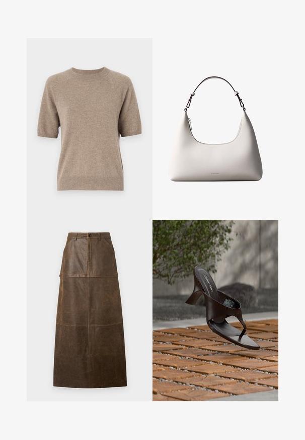 Kortærmet sweater i lys beige, lavet af et blødt, tekstureret stof. Har en rund halsudskæring samt ribbenede manchetter og kant. Casual design.; Brun læder midi-nederdel med høj talje, frontlommer og en glat overflade med synlige syninger.; Brun Calvin Klein hælet thong sandal svævende over træflise og grus udendørs med sløret grønt og stenmur i baggrunden.; Cremefarvet skuldertaske i læder fra Calvin Klein med buet topkant, sølvfarvet lynlås og mørkebrun justerbar rem.