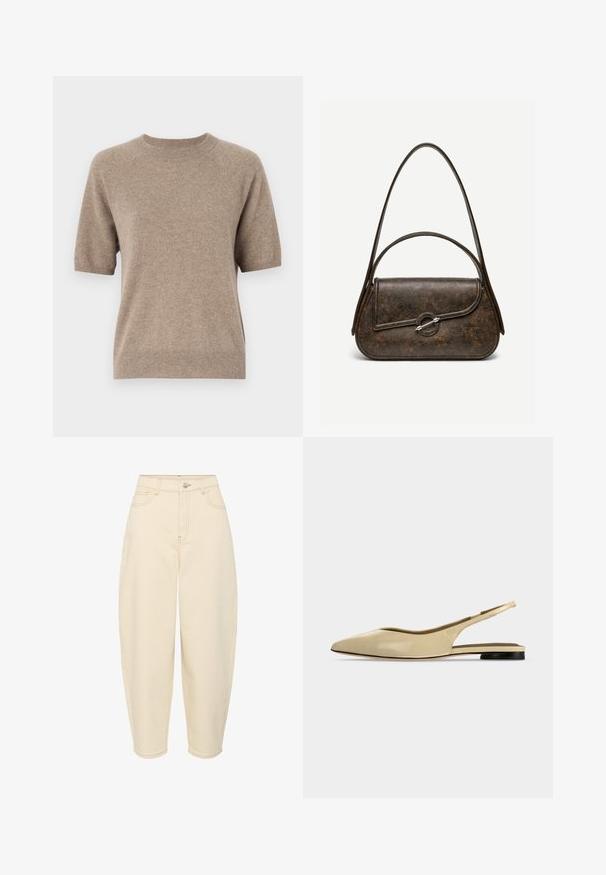 Korte mouwen trui in lichtbeige, gemaakt van een zachte, gestructureerde stof. Heeft een ronde hals en ribbels bij de manchetten en de zoom. Casual ontwerp.; Beige high-waisted jeans met een losse pasvorm. Heeft vijf zakken, een ritssluiting aan de voorkant en een knoopsluiting. Gemaakt van stevig katoen.; Beige platte slingback schoen met puntige neus, lage zwarte hak en een glad leren afwerking, zijaanzicht op een effen achtergrond.; Donkerbruine lederen handtas met textuur, twee hengsels, afgeronde rechthoekige vorm en zilveren cirkelvormige sluiting op de voorflap.