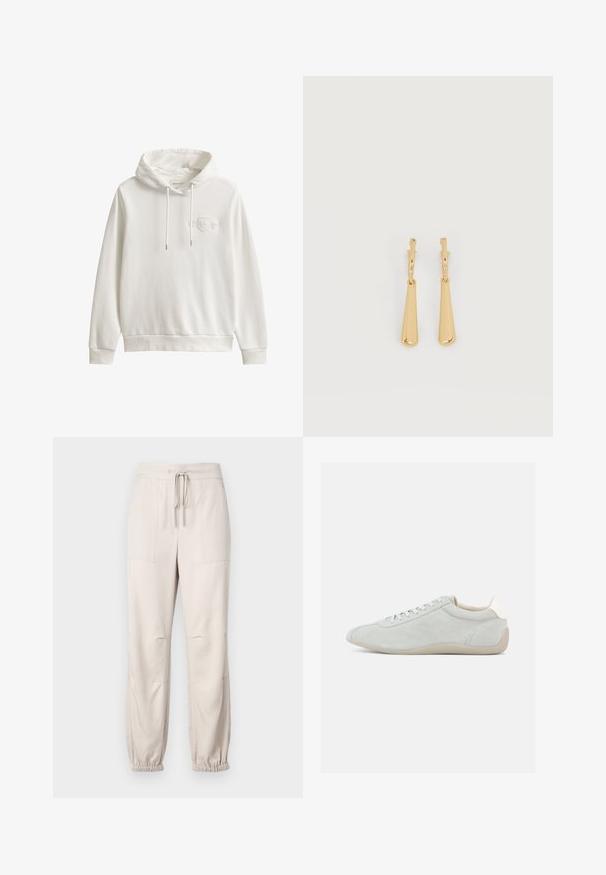 Hvid GANT hættetrøje med snore og diskret broderet logo på venstre bryst, ribstrikkede manchetter og kant, vist på ensfarvet baggrund.; Beige, lette bukser med elastisk talje, snøre detaljer og elastiske mansjetter. Har to frontlommer og en glat tekstur.; Lysegrå ruskindssneaker med lavprofil-design, snørelukning og blød beige gummisål. Diskrete syningsdetaljer tilfører tekstur.; Øreringe i guldfarvet metal med glatte, aflangt dråbeformede vedhæng, der hænger fra små creol-låse på en hvid baggrund.
