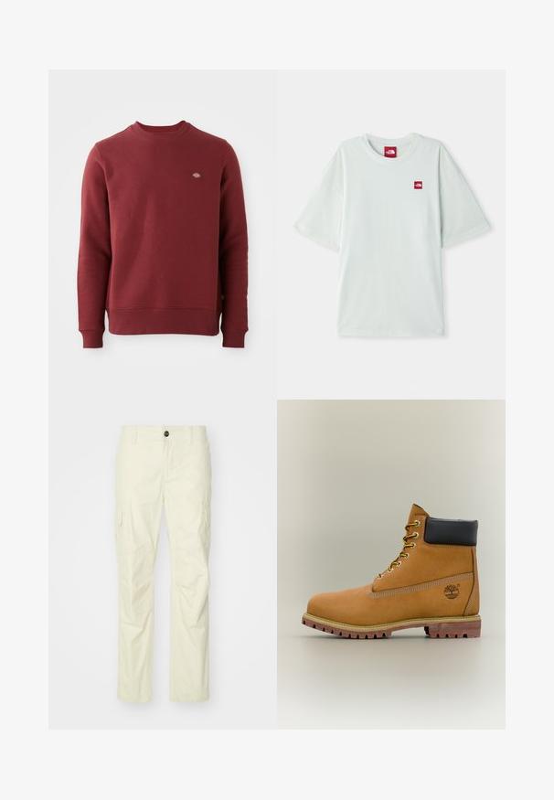 Sudadera color burdeos hecha de una mezcla de algodón. Presenta un cuello redondo acanalado, puños elásticos y un pequeño logotipo de la marca en el pecho.; Camiseta de manga corta verde claro hecha de algodón suave, con una pequeña etiqueta de logo rojo en el área del pecho izquierdo. Corte relajado y escote redondo.; Pantalones cargo beige hechos de una tela ligera, con bolsillos laterales, cierre de botón y piernas rectas. Textura suave con costuras ajustadas.; Bota de tobillo de cuero marrón con cuello negro, cordones amarillos y suela beige. Presenta un logotipo y detalles de costura blanca. Suela exterior con tracción robusta.