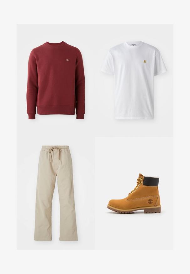 Sudadera color burdeos hecha de una mezcla de algodón. Presenta un cuello redondo acanalado, puños elásticos y un pequeño logotipo de la marca en el pecho.; Camiseta de algodón blanca con mangas cortas, cuello redondo, que presenta un pequeño logo dorado en la parte izquierda del pecho. Textura suave y corte regular.; Pantalones de algodón beige con cintura elástica y cordón ajustable. Diseño de pierna recta, textura suave y sin patrones o acentos visibles.; Botín de cuero marrón con ojales de metal, forro de piel sintética blanca, cuello acolchado negro, suela resistente y logotipo en relieve en el costado.