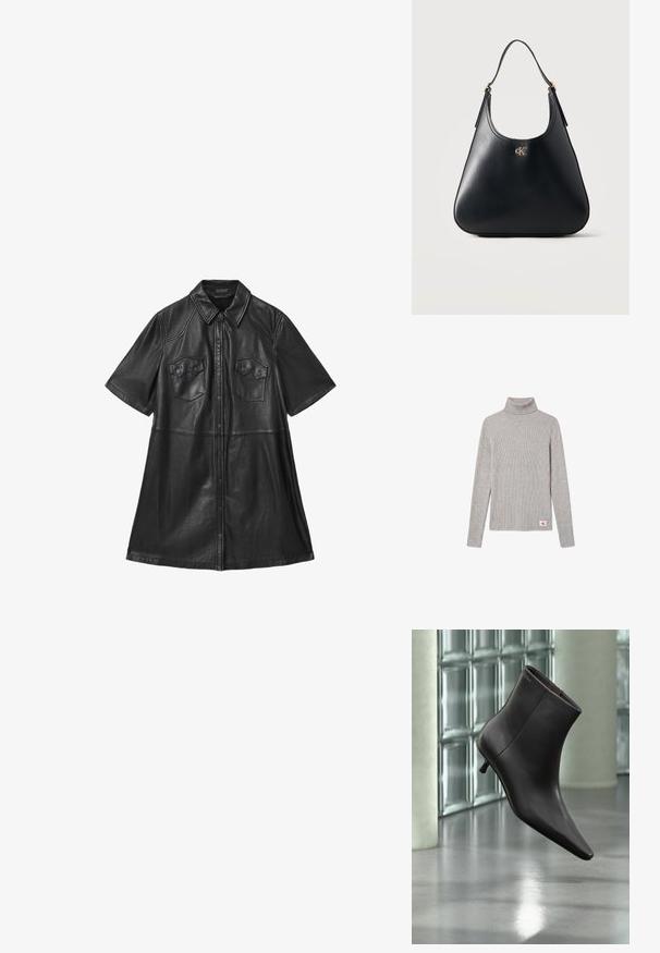 Lysegrå ribbet langærmet rullekravesweater med et lille rødt og hvidt CK-logo nær nederste kant.; Sort læder skjortekjole med kortærmer, krave, to brystlommer og frontknaplukning. Glat tekstur med skræddersyede sømme.; Sort læderankelstøvle med spids tå og lille hæl vist mod en væg af glasblokke og poleret gulv baggrund.; Sort læderhåndtaske med en enkelt strop og et guld "cK" logo centreret nær toppen, sat mod en ensartet lys baggrund.