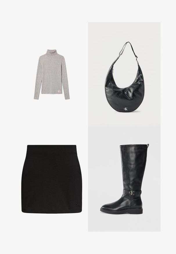 Calvin Klein Jeans LABEL ROLL NECK - Svetrík - grey heather; Čierna minisukňa Calvin Klein s rovnostrihým strihom a nenápadným logom CK na spodnom pravom okraji.; Čierne kožené čižmy po kolená s nízkym podpätkom, okrúhlou špičkou a kovovou sponou s logom "CK" okolo členku.; Čierna kožená ramenná taška v tvare polmesiaca s nastaviteľným popruhom a strieborným logom "cK" na prednej strane, na bielom pozadí.