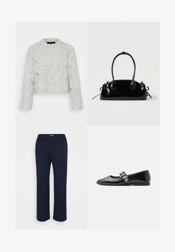 Suéter gris de punto con cuello redondo, que presenta un patrón de trenzado ondulado y mangas largas de corte holgado. Material texturizado y suave.; Pantalones rectos de color azul marino, confeccionados en una tela elástica, que cuentan con una cinturilla plana y dos bolsillos laterales para mayor funcionalidad.; Zapato plano de charol negro con puntera cuadrada, detalle de hebilla lateral y tacón bajo y redondeado. Textura suave y diseño minimalista.; Pequeño bolso negro brillante con dos asas largas y detalles de cordón lateral sobre un fondo claro liso.