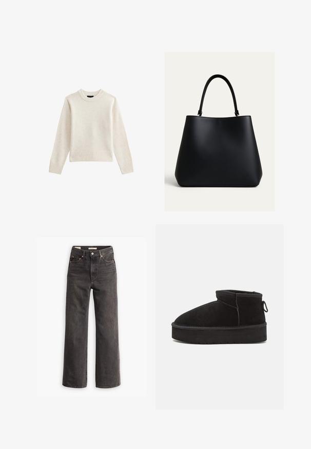 Lys beige strikket sweater med ribbet crew hals og kant, som har lange ærmer og en afslappet silhuet. Blød tekstur og minimalistisk design.; Højtaljede, vide jeans i mørkegrå denim, med forlommer, kontrastfarvede kobbernitter og en ren finish uden pynt.; Sorte ruskinds ankelstøvler med en rund tå, der har en forhøjet sål og en sidesløjfe for nem påtagning. Designet er enkelt med minimale detaljer.; Sort lædertaske med en afrundet trapezform og en enkelt buet skulderrem, vist mod en ensartet lys baggrund.