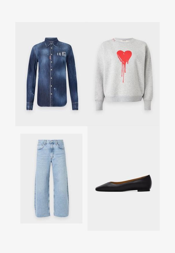 Grijze trui met lange mouwen, met een grote, rode, druppelende hartafbeelding op de voorkant en geribbelde boorden en zoom.; Donkerblauwe denim shirt met een knoopsluiting, bewaard rafeling, versleten accenten en witte "ICON" tekst op de borst.; Lichtblauwe, hoog uitgesneden jeans met wijde pijpen, voor- en achterzakken, een knoopsluiting en zichtbare stiksels.; Zwarte leren puntschoen met lage hak en gladde afwerking, zijaanzicht op een lichtgrijze achtergrond.