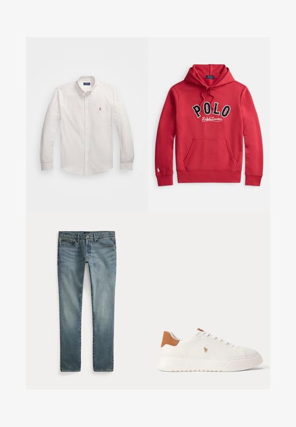 Rode hoodie met voorzak en "POLO Ralph Lauren" logo in grote zwart-witte letters op de borst.; Witte button-up blouse met dunne verticale strepen in lichtbeige. Heeft een klassieke kraag, lange mouwen en een klein geborduurd logo op de borst.; Blauwe denim jeans met rechte pijpen, voorzakken, riemlussen en knoopsluiting.; Witte lage sneaker met beige hieltab, witte veters en klein geborduurd polo spelerlogo aan de zijkant boven een dikke zool.