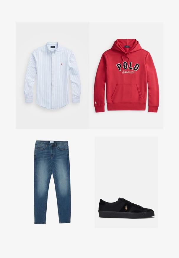 Červená mikina s kapucňou a predným vreckom na brušku, s logom "POLO Ralph Lauren" vo veľkých čiernych a bielych písmenách na hrudi.; Svetlomodrá a biela pruhovaná košeľa na gombíky s golierom, dlhými rukávmi a malým vyšívaným logom na hrudi. Materiál: bavlna.; Džínsy v stredne modrej farbe s vyblednutým vzhľadom, dizajn s piatimi vreckami, rovný strih nohavíc a prešité akcenty. Zapínanie na gombík a zips.; Čierne tenisky s textilným a semišovým zvrškom, okrúhlou špičkou, plochou gumovou podrážkou a vyšívaným logom na boku. Šnurovací dizajn so šiestimi očkami.