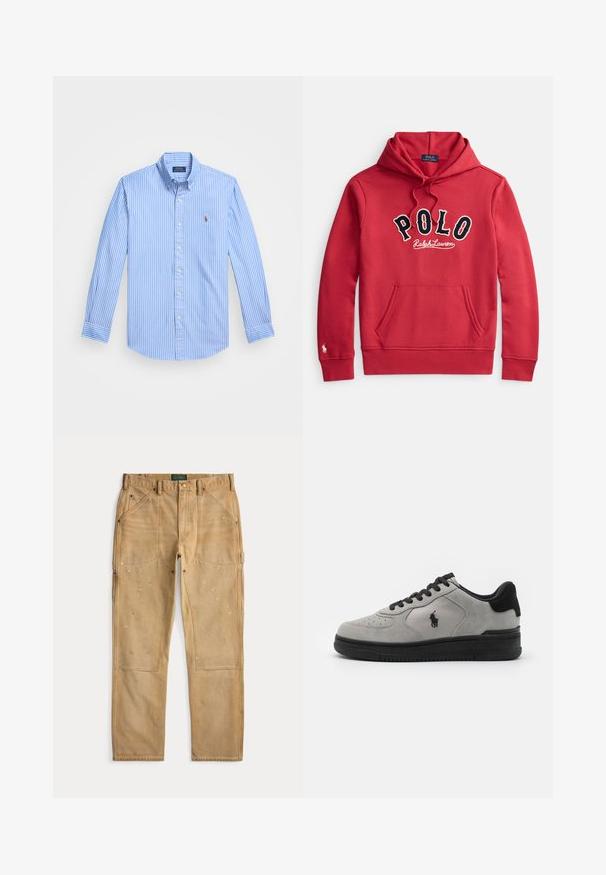 Rød hættetrøje med forpude-lomme foran og "POLO Ralph Lauren"-logo i store sorte og hvide bogstaver på brystet.; Blå og hvid stribet langærmet skjorte med knaplukning, spids krave og logoemblem på brystet. Bomuldsstof med glat tekstur.; Tan snedkerbukser med forstærkede knæ, flere lommer, bæltestropper og penselstavspletter, liggende fladt på en hvid baggrund.; Grå ruskinds-sneakers med sorte detaljer, der har et tekstureret stofpanel på siden, rund tå og sort gummisål. Logo broderet på siden.