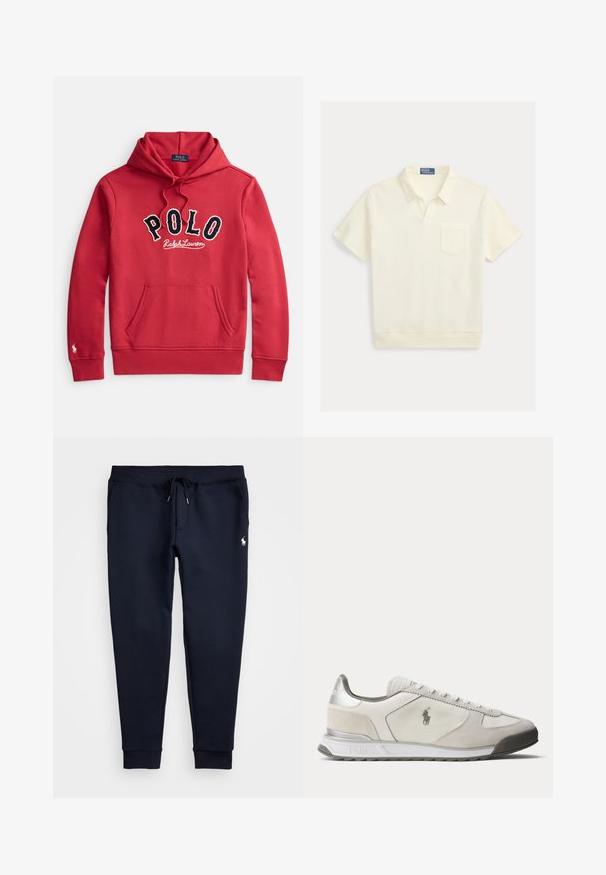 Roter Kapuzenpullover mit Fronttasche und "POLO Ralph Lauren" Logo in großen schwarzen und weißen Buchstaben auf der Brust.; Off-white kurzärmliges Polohemd mit Kragen, aufgesetzter Tasche an der linken Brustseite und geripptem Saum, flach auf hellem Hintergrund liegend dargestellt.; Navyblaue Jogginghose mit einem Kordelzugbund, elastischen Bündchen und einem kleinen weißen Logo auf dem oberen linken Bein. Weicher Stoff.; Flach profilierte weiße und hellgraue Sneaker mit Polo-Logo an der Seite, Schnürung vorne und silbernem Akzent an der Ferse.