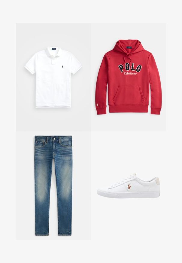 Roter Kapuzenpullover mit Fronttasche und "POLO Ralph Lauren" Logo in großen schwarzen und weißen Buchstaben auf der Brust.; Weißes Poloshirt mit kurzen Ärmeln, Kragen, zwei Knöpfen und kleinem dunkelblau besticktem Logo auf der linken Brust.; Blaue, verwaschene Slim-Fit-Jeans mit Knopf- und Reißverschluss, vorne mit Haupt- und kleinem Münztaschen, flach auf weißem Hintergrund liegend dargestellt.; Weiße Leinensneaker im Low-Top-Design mit einem beigen Ferseneinsatz und einem kleinen gestickten Logo an der Seite. Gummisohle.