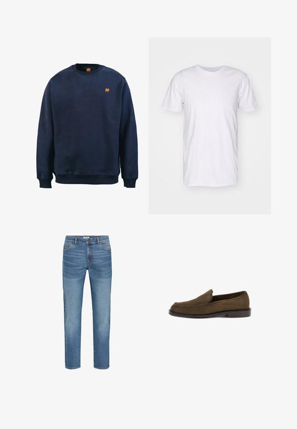 Marineblaue Rundhalsausschnitt-Sweatshirt aus Baumwolle mit gerippten Bündchen und Saum. Verfügt über ein gesticktes oranges Elefantenlogo auf der Brust.; Selected SLHASPEN SLUB TEE - T-Shirt basic - bright white; Hellblaue Jeans aus Denim mit klassischem geradem Bein, ausgestattet mit fünf Taschen, Metallknopfverschluss und leichtem Verblassen des Stoffes.; Brauner Wildleder-Herrenloafer mit niedrigem Absatz, abgerundeter Spitze und gesteppten Details, dargestellt auf weißem Hintergrund.
