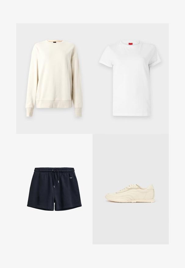 Kreemivärvi sweatshirt, millel on ümar kaelus, soonikkoes mansetid ja ääred, valmistatud pehmest materjalist ning millel on rindkeres diskreetne logo.; Valge lühikeste varrukatega T-särk, mis on valmistatud kergest puuvillast. Omab ümmargust kaelust ja rullitud varrukaid. Kaelusel on punane logo sildike.; Tumesinised vabaaja lühikesed püksid elastse vöökoha ja paelaga, kaks küljetaskut ja väike tikitud logo paremal puusal.; Madala profiiliga kreemivärvi toss, millel on laineline õmblus, paelaga kinnitamine ja sooneline tallaosa, nähtav küljelt ühtlasel taustal.