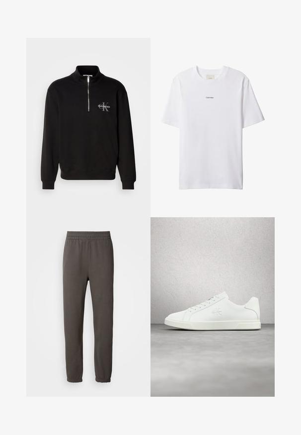 Must mustriga särk kõrge kaeluse ja veerandi tõmblukuga, millel on hall "Calvin Klein" logo ja "K" embleem rinnal. Puuvilla segu materjal.; Valge puuvillane t-särk ümmarguse kaeluse ja lühikeste varrukatega. Rinnal on keskel väike must "Calvin Klein" logo.; Tumed hallid spordipüksid, millega on elastne vöökoht, kitsenevad jalad ja sooniksoojustus. Jalal on väike logo. Valmistatud pehmest kangast.; Valge nahast toss, sileda viimistlusega, paelutüübiga, küljele kantava logoga ja kontrastse valge kummist tallaga.