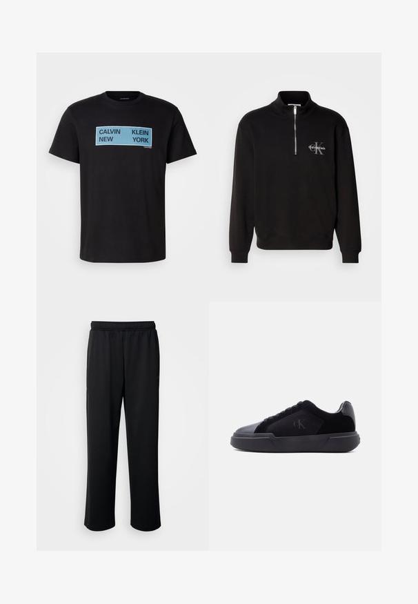Čierny pulóver so zvýšeným golierom a štvrťovým zipsom, ktorý je na hrudi zdobený sivým logom "Calvin Klein" a emblémom "K". Materiál z bavlnenej zmesi.; Čierne bavlnené tričko s výrazným modrým a čiernym textom: "CALVIN NEW KLEIN YORK" na prednej strane. Klasický dizajn s okrúhlym výstrihom a krátkymi rukávmi.; Čierne športové nohavice vyrobené z mäkkého, priedušného materiálu. Majú elastický pás a rovné nohy bez výrazných akcentov alebo vzorov.; Čierna nízka teniska s hrubou podrážkou, šnurovaním vpredu a jemným logom "cK" na bočnej paneli.