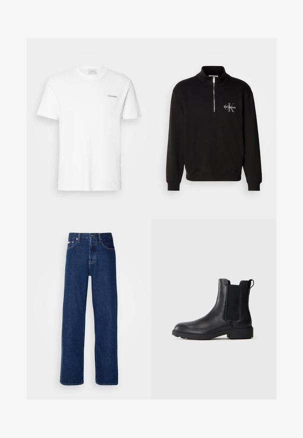 Sudadera negra de cuello alto y cremallera de un cuarto, con un logo gris de "Calvin Klein" y un emblema de "K" en el pecho. Material de mezcla de algodón.; Camiseta de algodón blanca con mangas cortas y un escote en forma de cuello redondo. Presenta un pequeño logotipo negro de "Calvin Klein" en el lado izquierdo del pecho.; Vaqueros de mezclilla azul oscuro con un diseño de pierna ancha, que presentan un cierre de botón y el clásico estilo de cinco bolsillos. La tela tiene una textura suave.; Botín negro de cuero hasta el tobillo con paneles laterales elásticos, tirador en el talón y suela baja de bloque sobre un fondo liso.