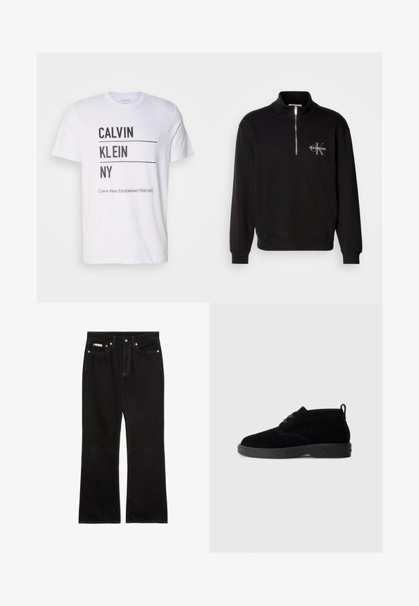 Čierny pulóver so zvýšeným golierom a štvrťovým zipsom, ktorý je na hrudi zdobený sivým logom "Calvin Klein" a emblémom "K". Materiál z bavlnenej zmesi.; Biely tričko s čiernym textom "CALVIN KLEIN NY" a dvoma horizontálnymi čiarami, s ďalším textom "Calvin Klein Established 1968 NYC" na spodnej časti.; Čierne rovné rifle s oranžovým prešitím, piatimi vreckami, zapínaním na gombíky a malou značkou Calvin Klein na pravom prednom vrecku.; Čierne suede ankle boots s okrúhlou špičkou, šnurovacími detailmi, čiernou gumovou podrážkou a ťahacou slučkou na zadnej strane pre jednoduché obúvanie.