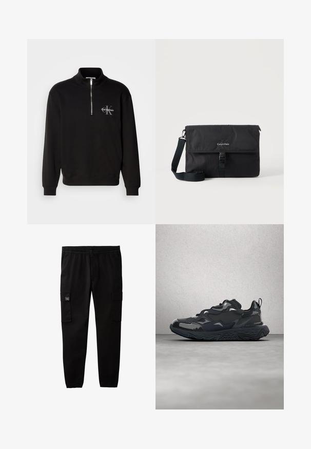 Sort sweatshirt med høj krave og kvart lynlås, med et gråt "Calvin Klein" logo og "K" emblem på brystet. Materialet er en bomuldsblanding.; Sorte cargobukser med elastisk talje og manchetter, knap- og lynlås-lukning samt klaplommer på hvert lår.; Sort løbesko med tekstureret overdel, glatte detaljer og en chunky sål med bølgemønster, designet for komfort og holdbarhed.; Sort Calvin Klein messenger-taske med justerbar skulderrem og frontklap sikret med spænde, vist mod en ensfarvet baggrund.