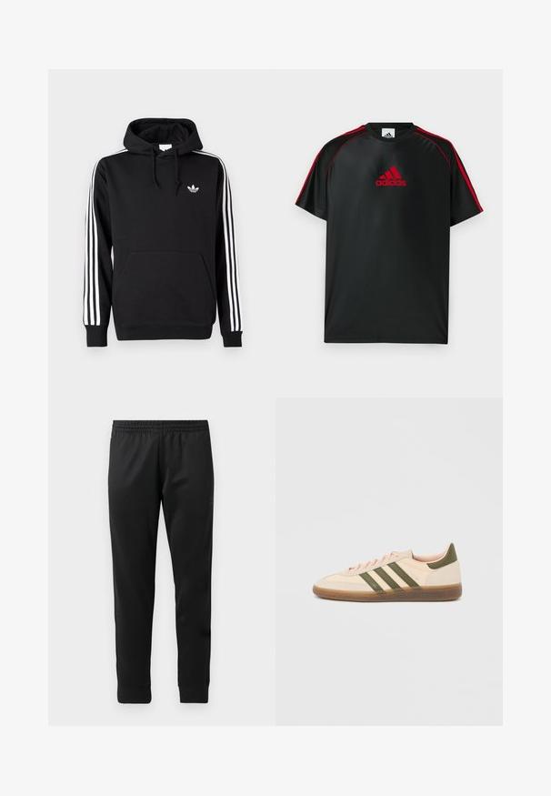 Sort Adidas-hoodie med hvide tre striber på ærmerne, lomme foran, hætte med snore og lille hvid trefoil-logo på brystet.; Sort atletisk t-shirt med røde detaljer og logo. Fremstillet af glat, let stof. Har rund hals og korte ærmer.; Sorte træningsbukser lavet af glat stof, med elastisk talje, tætsiddende ben og ribbede manchetter ved anklerne.; Beige Adidas Spezial sneaker med lav profil, grønne striber, gummisål og "SPEZIAL"-branding på siden, vist fra ydersiden.